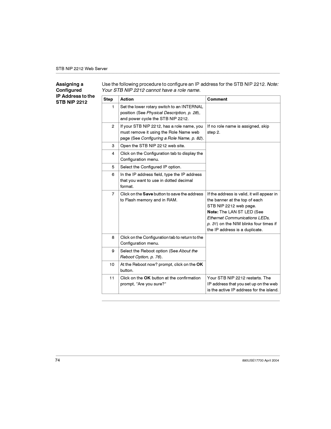 Schneider Electric 890USE17700 Assigning a Configured IP Address to the STB NIP, Step Action Comment, Reboot Option, p 