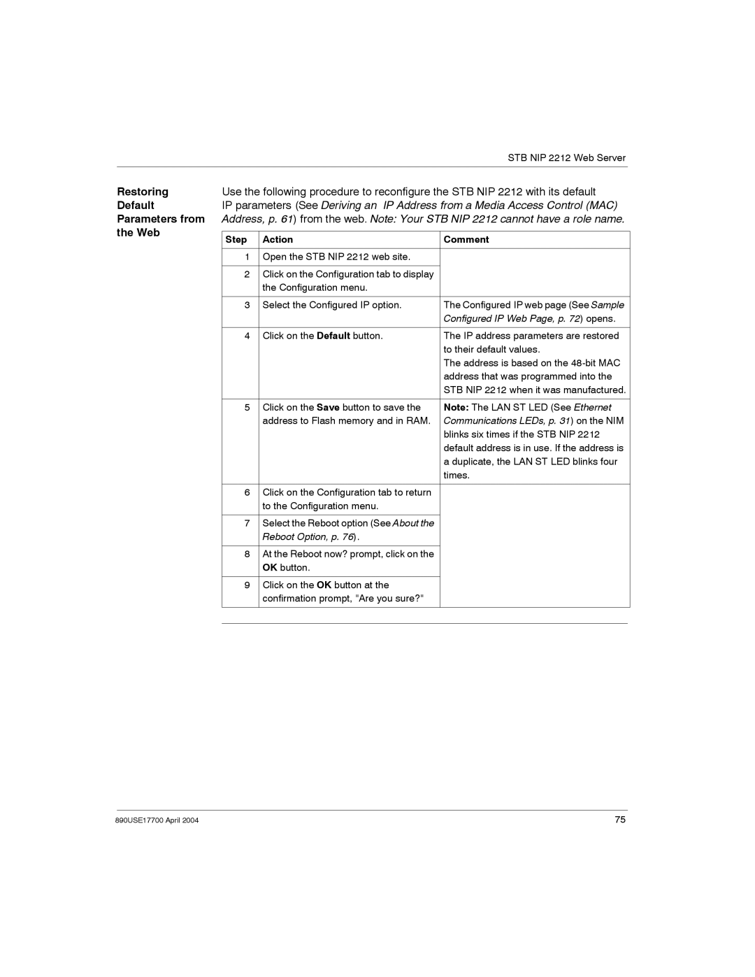 Schneider Electric 890USE17700 manual Restoring Default Parameters from the Web, Configured IP Web Page, p opens 