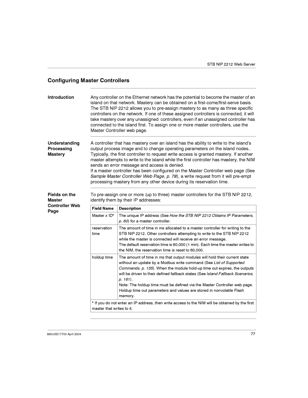 Schneider Electric 890USE17700 manual Configuring Master Controllers, Field Name Description 