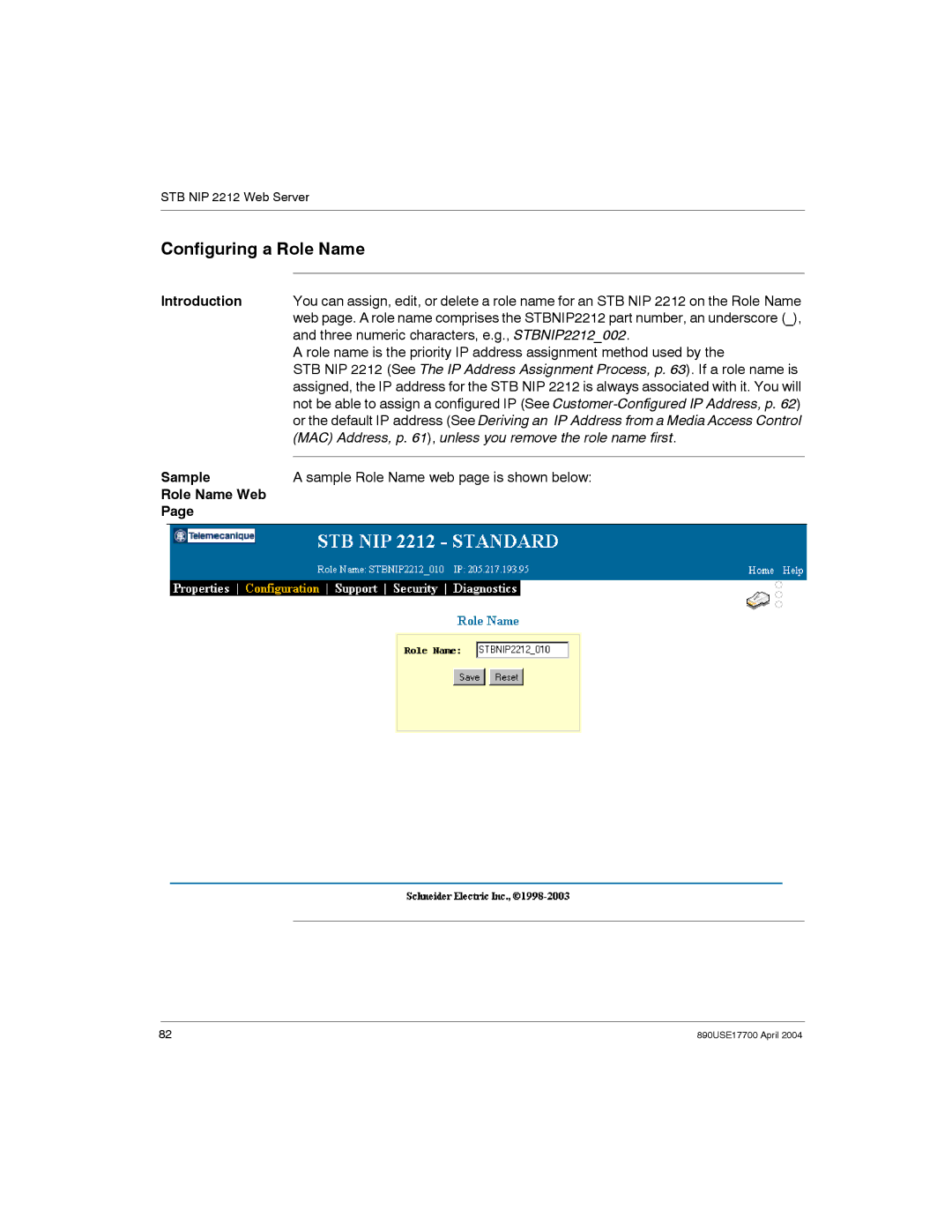 Schneider Electric 890USE17700 manual Configuring a Role Name, Three numeric characters, e.g., STBNIP2212002, Role Name Web 