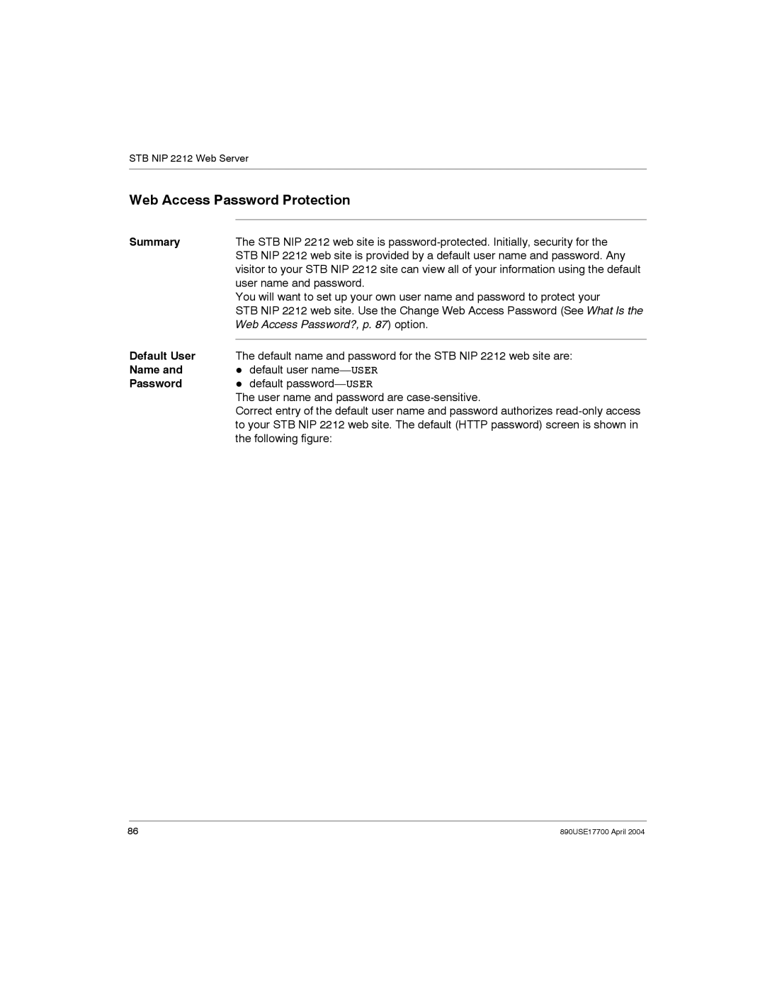 Schneider Electric 890USE17700 manual Web Access Password Protection, Default User 