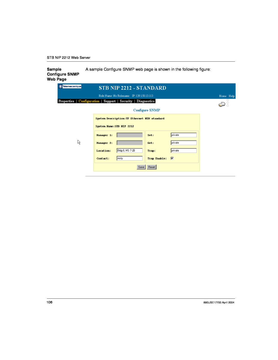Schneider Electric 890USE17700 manual Sample, A sample Configure SNMP web page is shown in the following figure, Web Page 