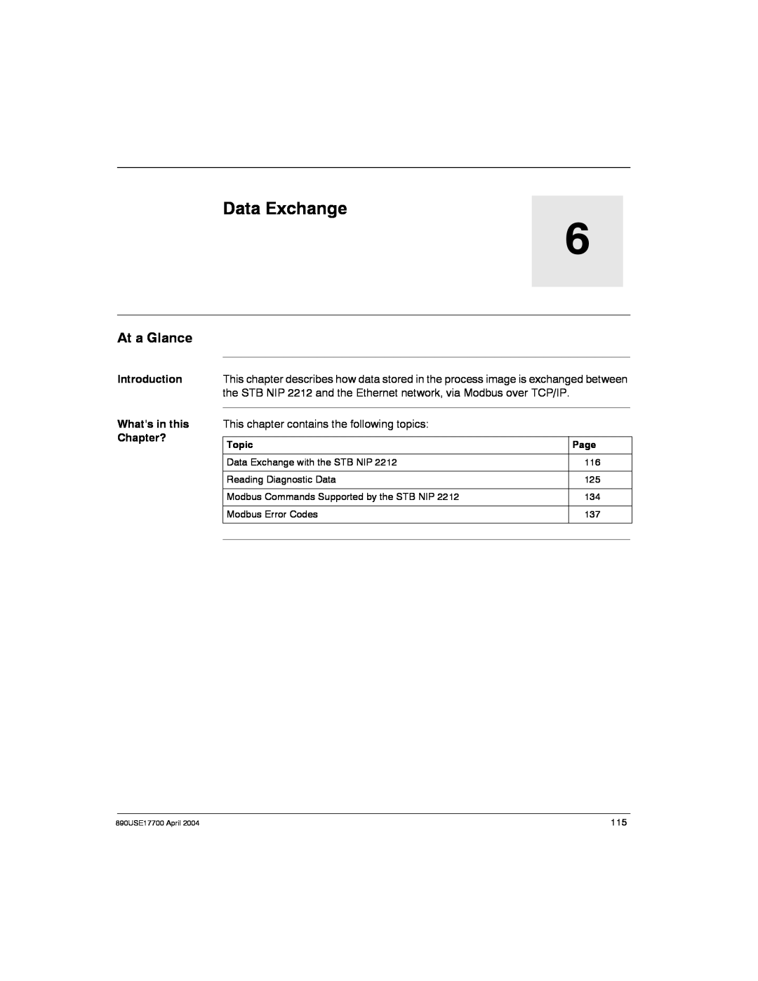 Schneider Electric manual At a Glance, Data Exchange with the STB NIP, Reading Diagnostic Data, 890USE17700 April 
