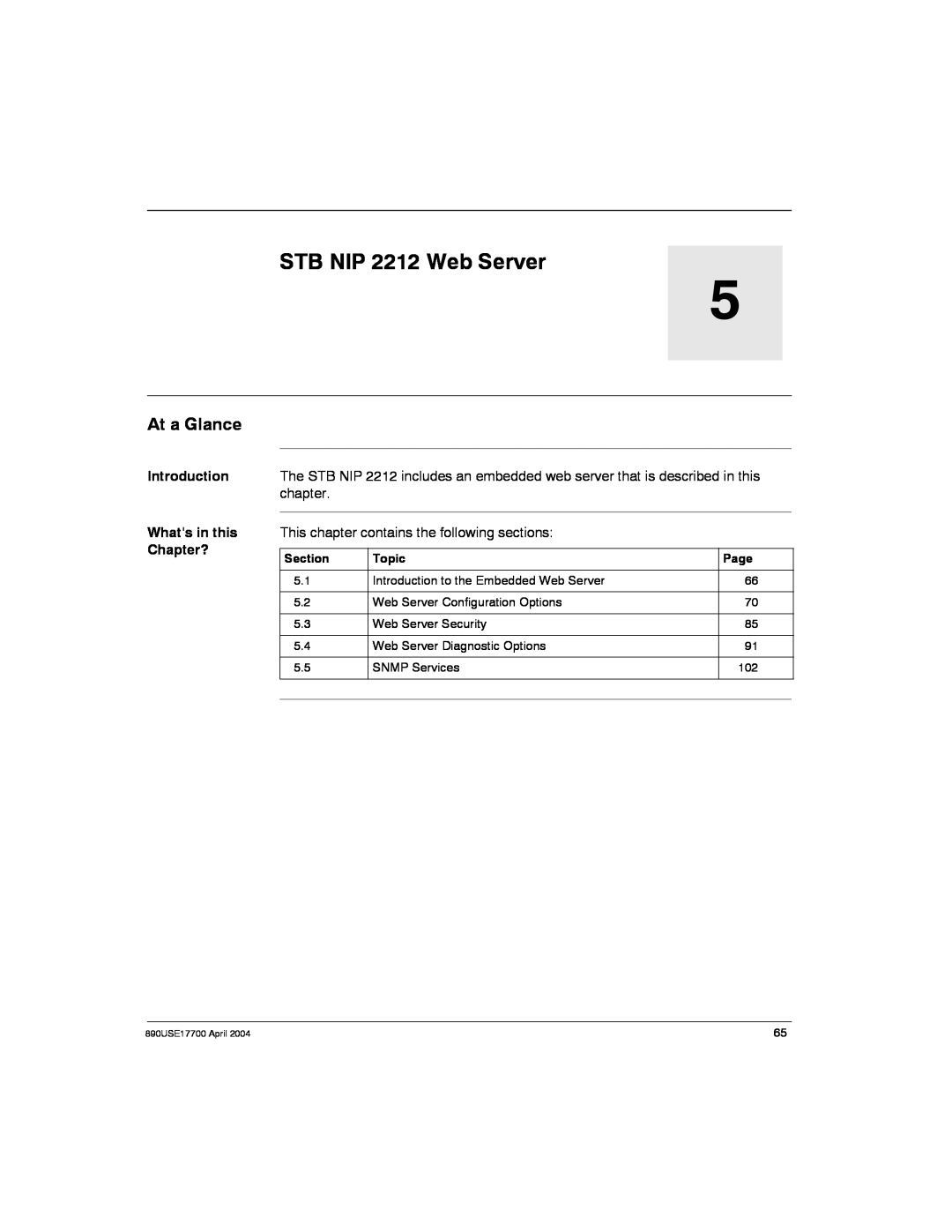 Schneider Electric 890USE17700 manual STB NIP 2212 Web Server, At a Glance, This chapter contains the following sections 