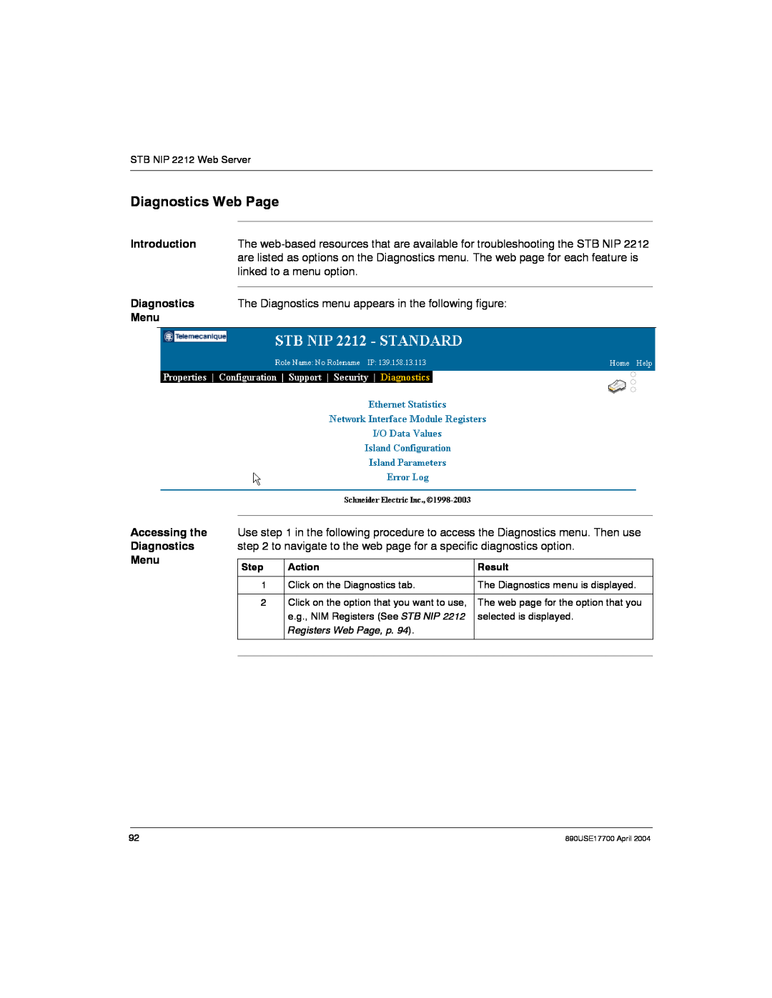 Schneider Electric 890USE17700 manual Diagnostics Web Page 