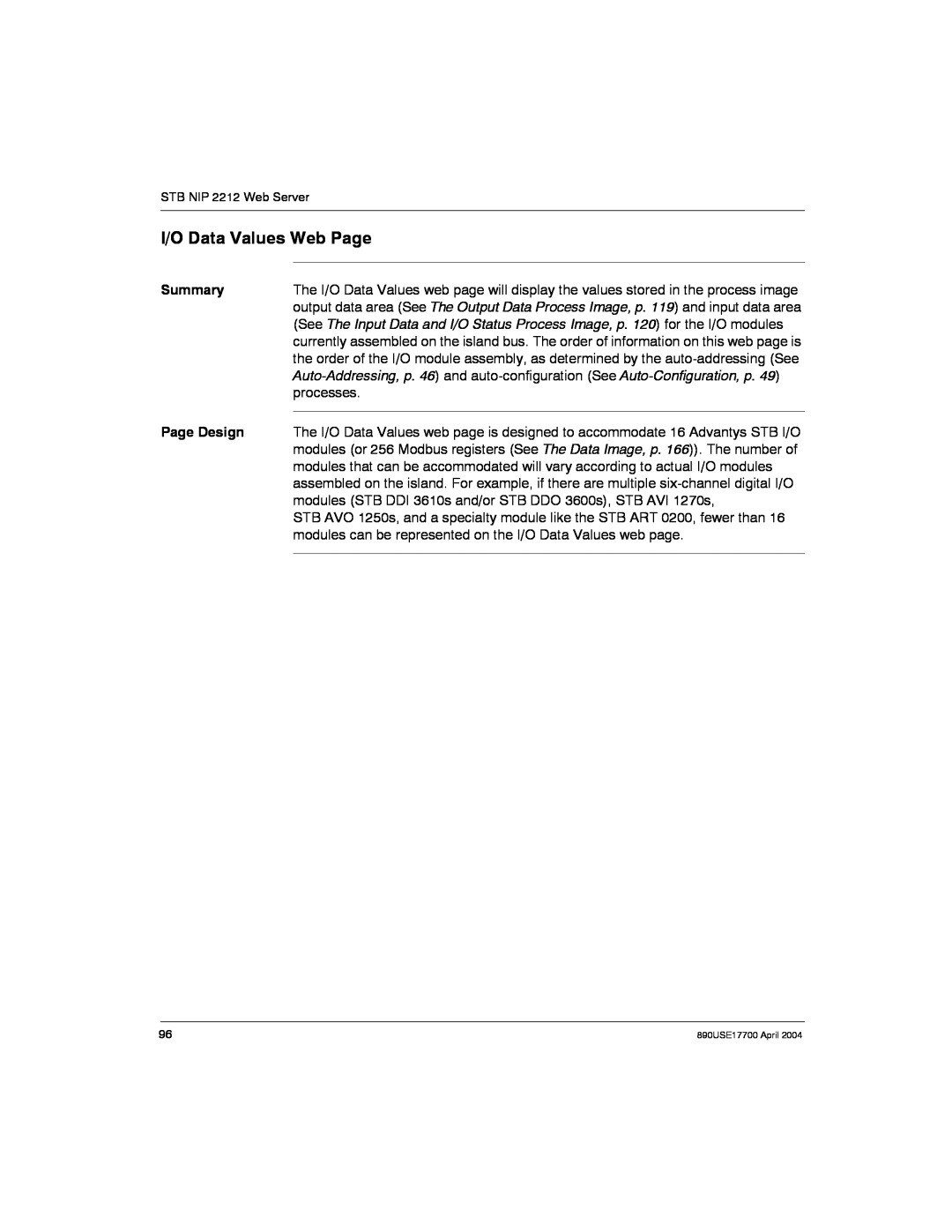 Schneider Electric 890USE17700 manual I/O Data Values Web Page, processes 