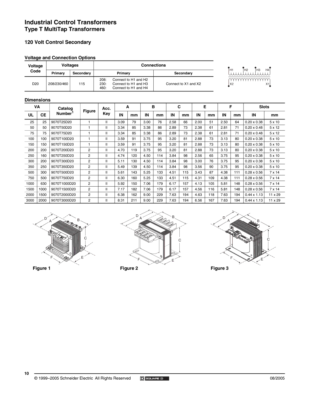 Schneider Electric 9070 manual Type T MultiTap Transformers, Catalog Acc Slots Number1, Connections, Key 