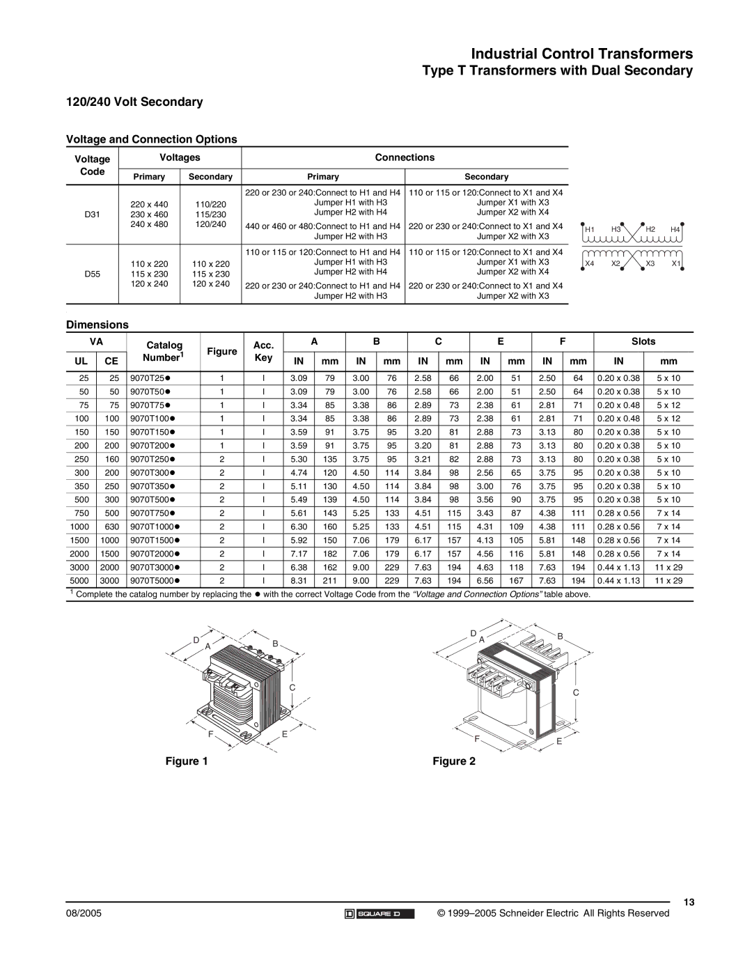 Schneider Electric 9070 manual Type T Transformers with Dual Secondary, 120/240 Volt Secondary, Voltage Voltages, Catalog 