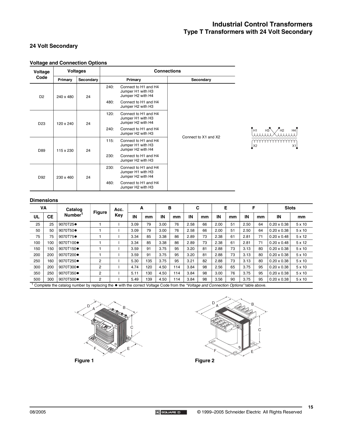 Schneider Electric 9070 manual Type T Transformers with 24 Volt Secondary, Catalog Acc 