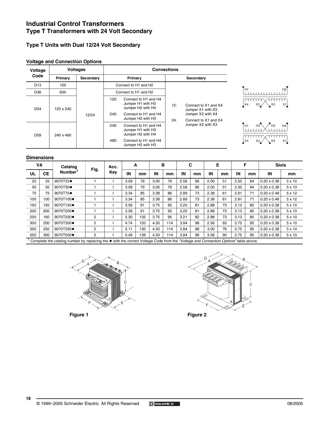 Schneider Electric 9070 manual Type T Units with Dual 12/24 Volt Secondary 