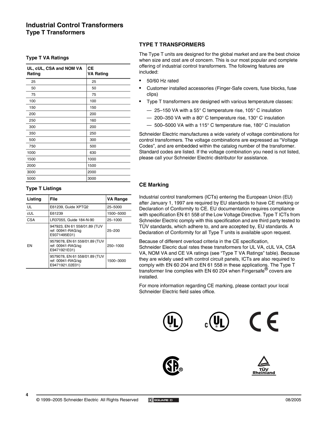 Schneider Electric 9070 manual Type T Transformers, CE Marking, Type T VA Ratings, Type T Listings 