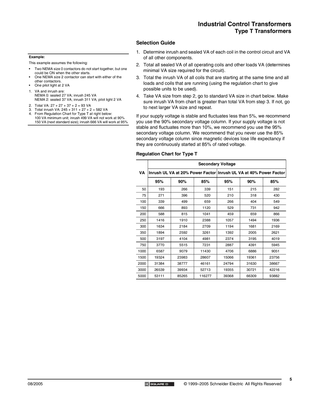 Schneider Electric 9070 manual Selection Guide, Regulation Chart for Type T, Secondary Voltage, 95% 90% 85% 