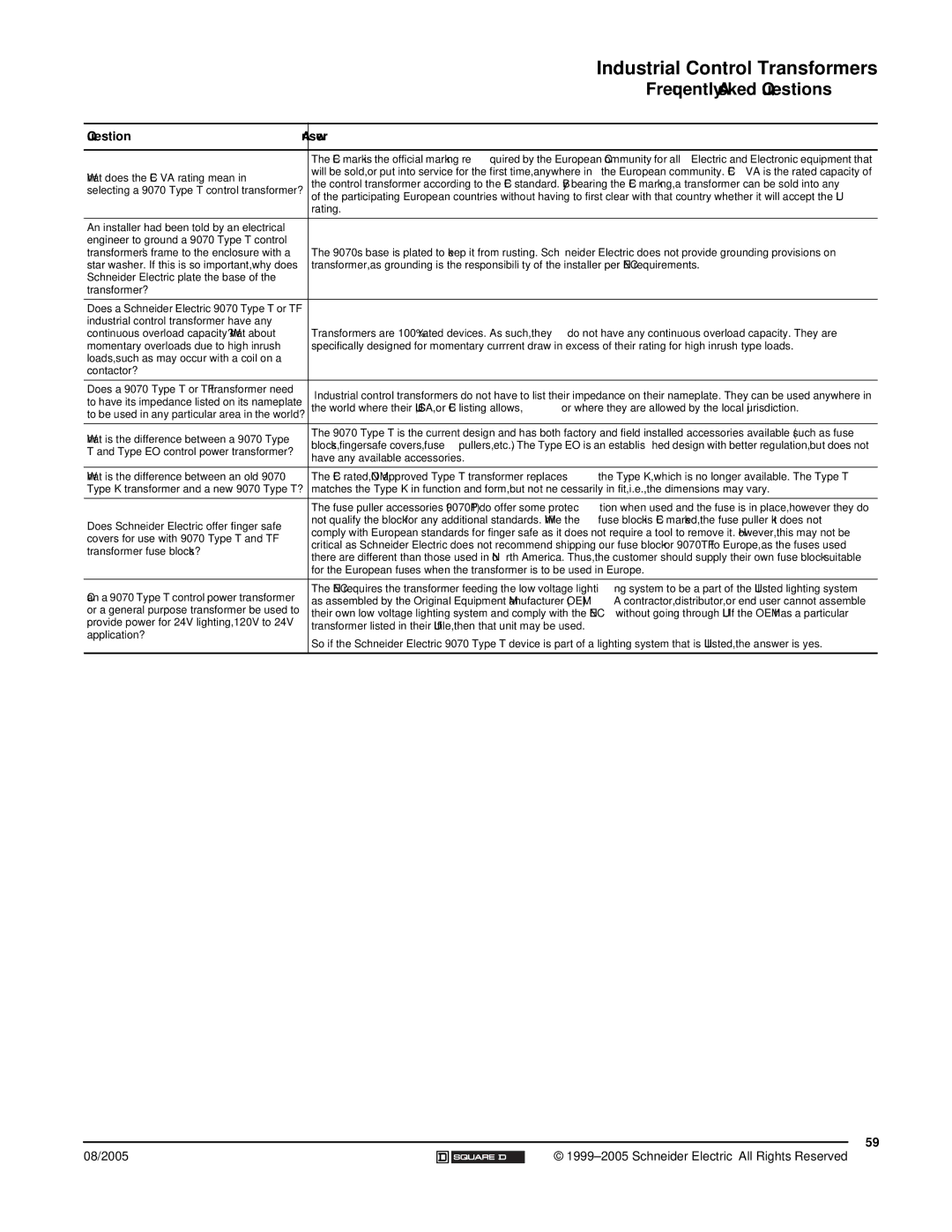 Schneider Electric manual Selecting a 9070 Type T control transformer? 