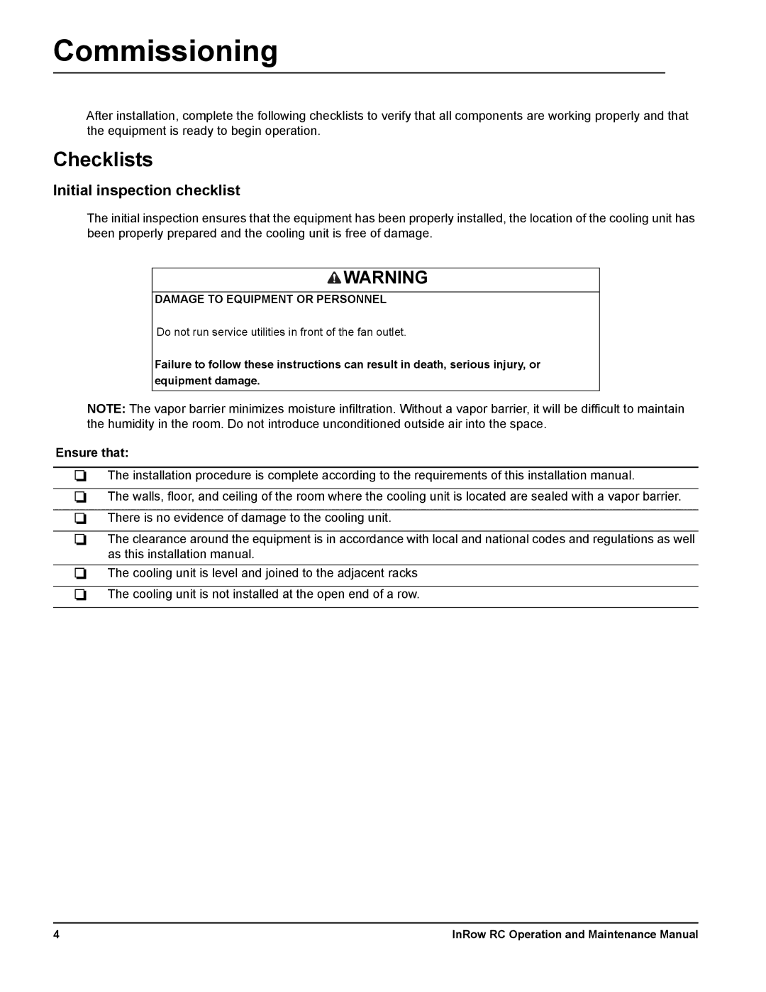 Schneider Electric ACRC502, ACRC500, ACRC501 manual Commissioning, Checklists, Initial inspection checklist, Ensure that 