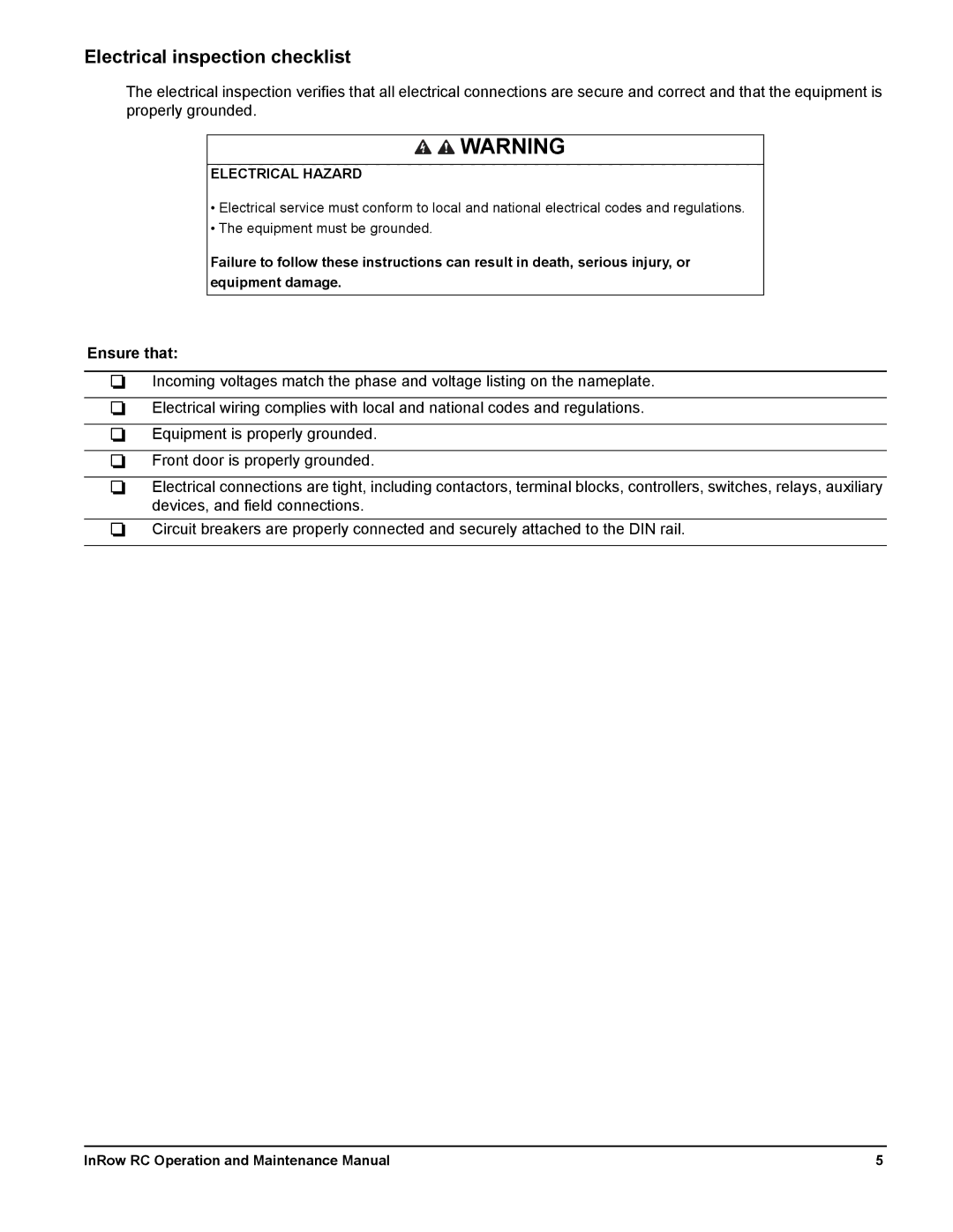 Schneider Electric ACRC501, ACRC500, ACRC502 manual Electrical inspection checklist, Electrical Hazard 