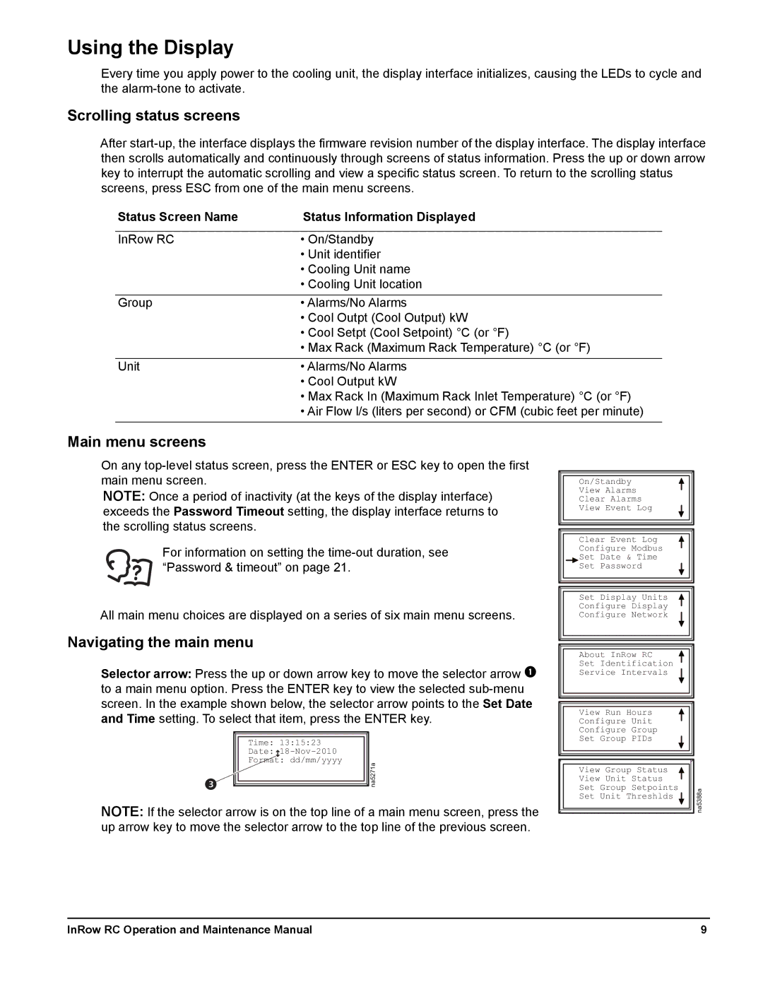 Schneider Electric ACRC500 manual Using the Display, Scrolling status screens, Main menu screens, Navigating the main menu 