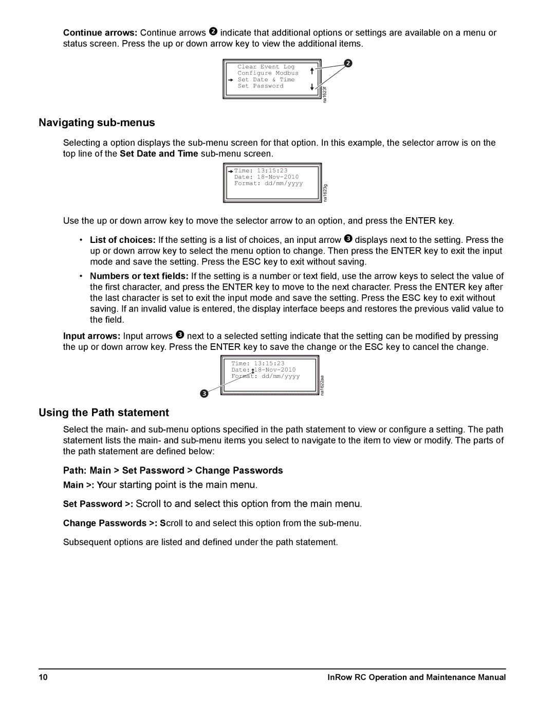 Schneider Electric ACRC502 manual Navigating sub-menus, Using the Path statement, Path Main Set Password Change Passwords 