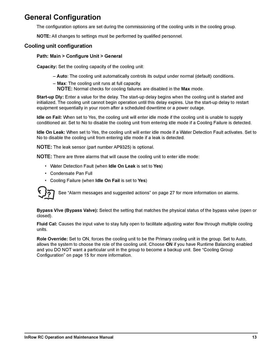 Schneider Electric ACRC502, ACRC500 General Configuration, Cooling unit configuration, Path Main Configure Unit General 