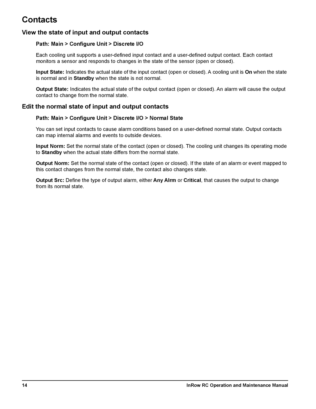 Schneider Electric ACRC501 Contacts, View the state of input and output contacts, Path Main Configure Unit Discrete I/O 