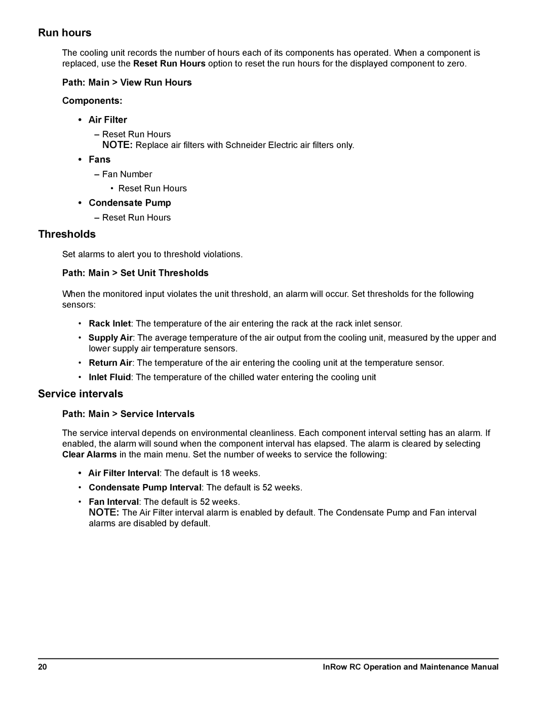 Schneider Electric ACRC501, ACRC500, ACRC502 manual Run hours, Thresholds, Service intervals 