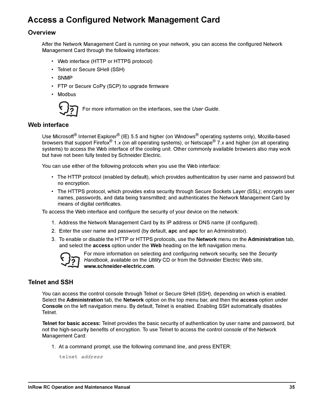 Schneider Electric ACRC501, ACRC500, ACRC502 Access a Configured Network Management Card, Web interface, Telnet and SSH 