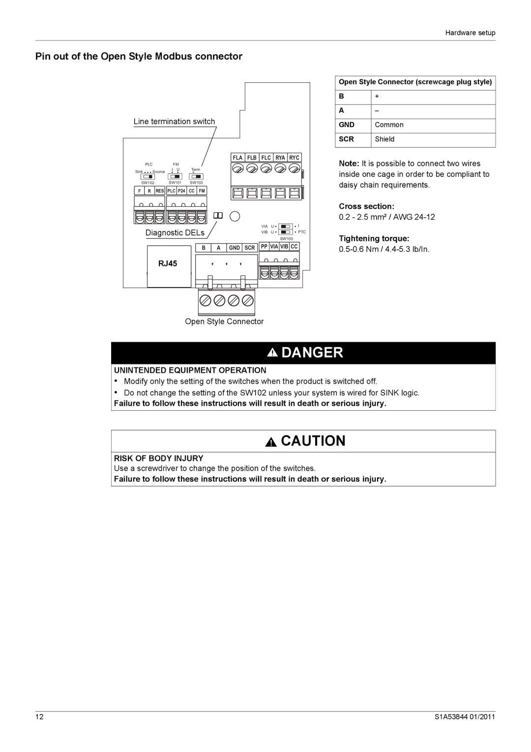 Schneider Electric Altivar 212 manual Pin out of the Open Style Modbus connector, RJ45, Cross section, Tightening torque 