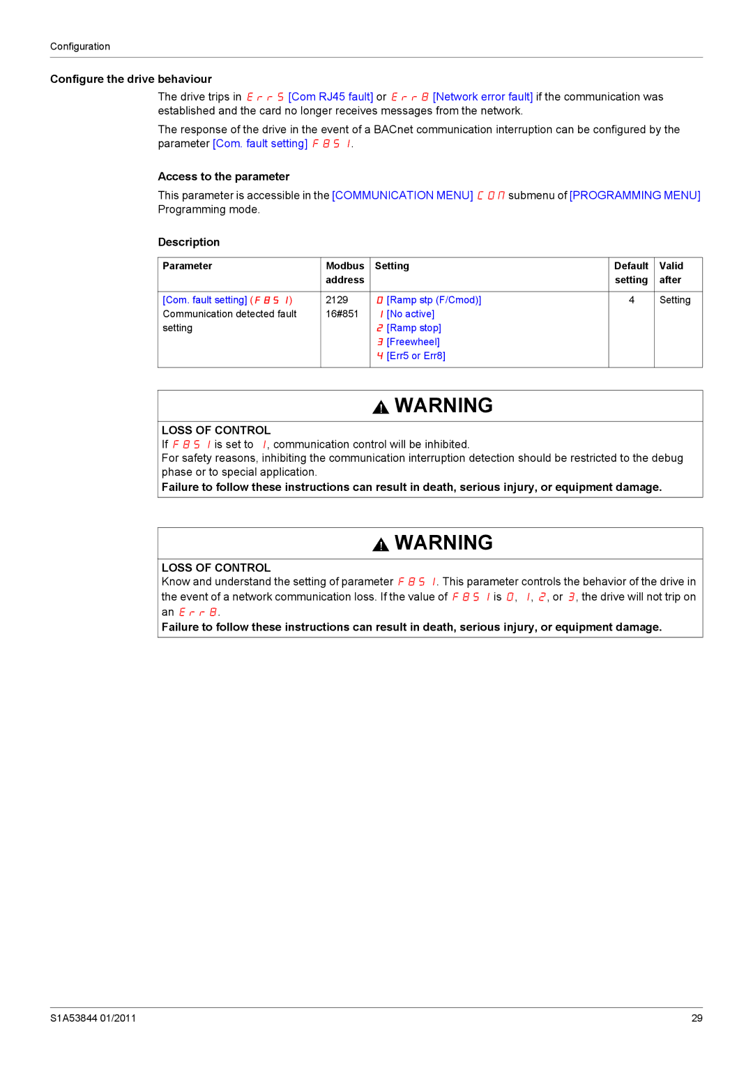 Schneider Electric Altivar 212 manual Configure the drive behaviour, Parameter Modbus Setting Default Valid Address, 2129 