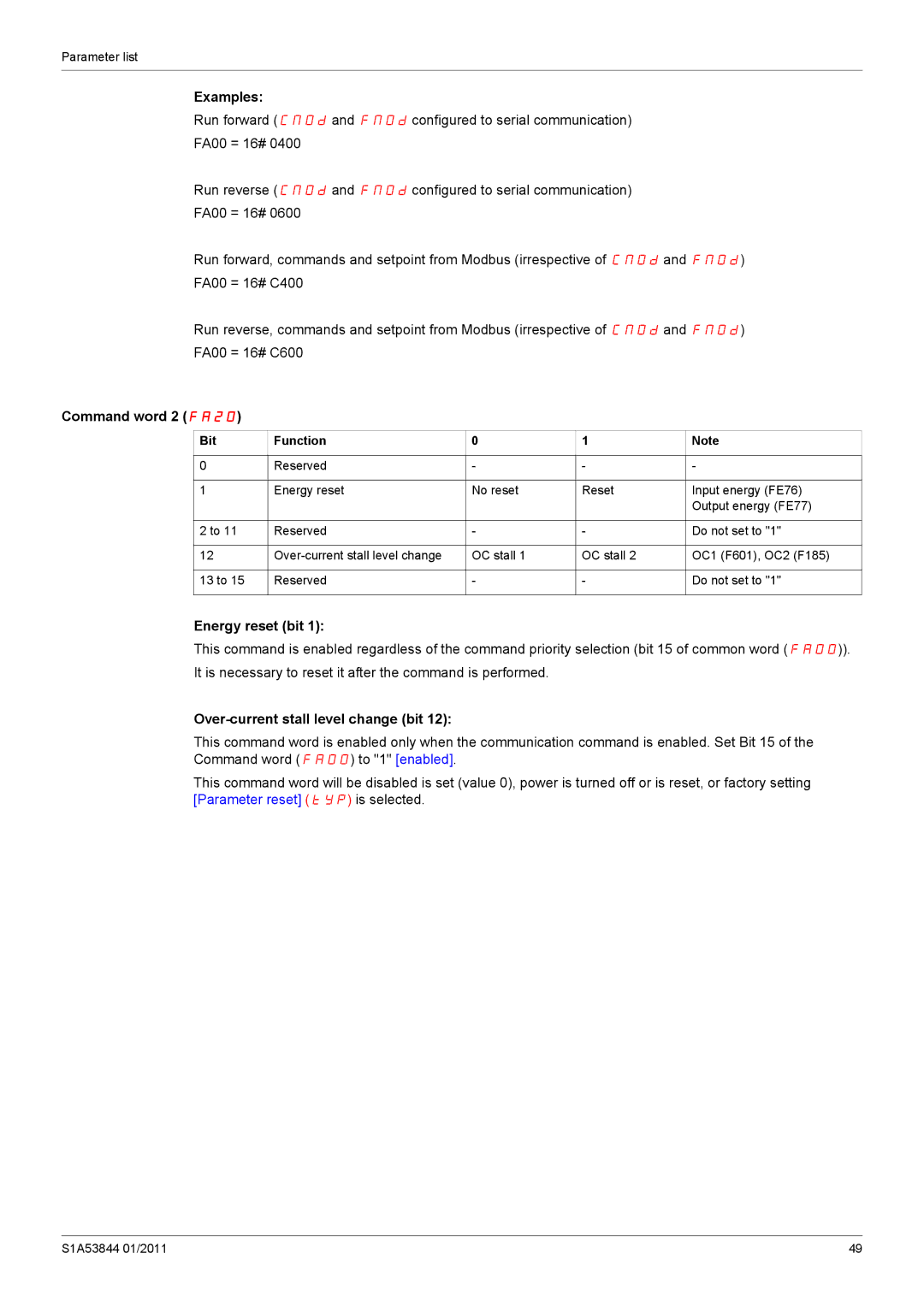 Schneider Electric Altivar 212 manual Examples, Command word 2 FA20, Energy reset bit, Over-current stall level change bit 