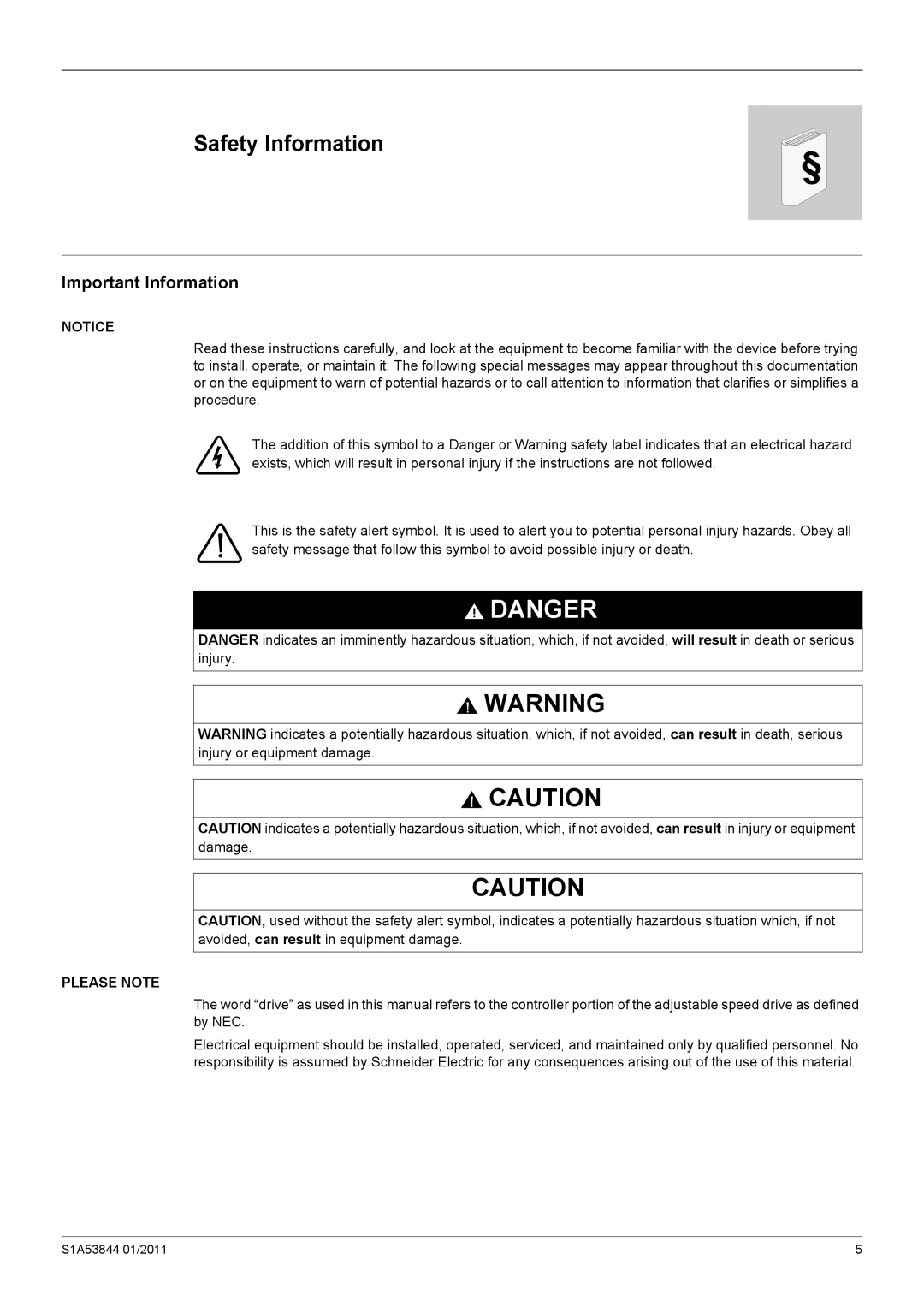 Schneider Electric Altivar 212 manual Safety Information, Important Information 