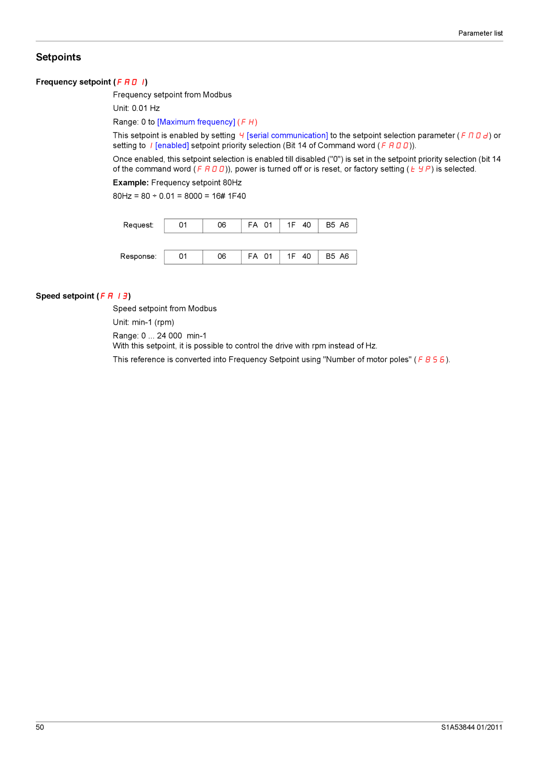 Schneider Electric Altivar 212 manual Setpoints, Frequency setpoint FA01, Speed setpoint FA13 