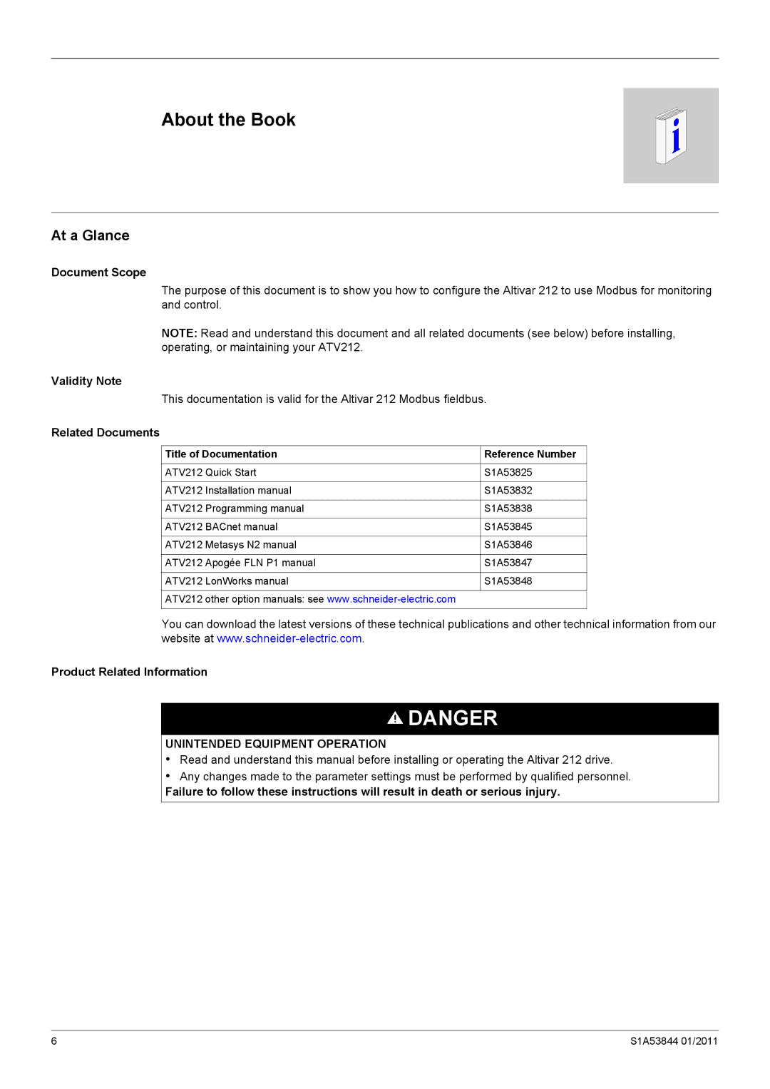 Schneider Electric Altivar 212 manual About the Book, At a Glance 