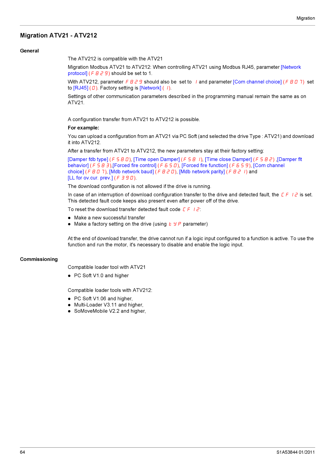 Schneider Electric Altivar 212 manual Migration ATV21 ATV212, For example, Commissioning 