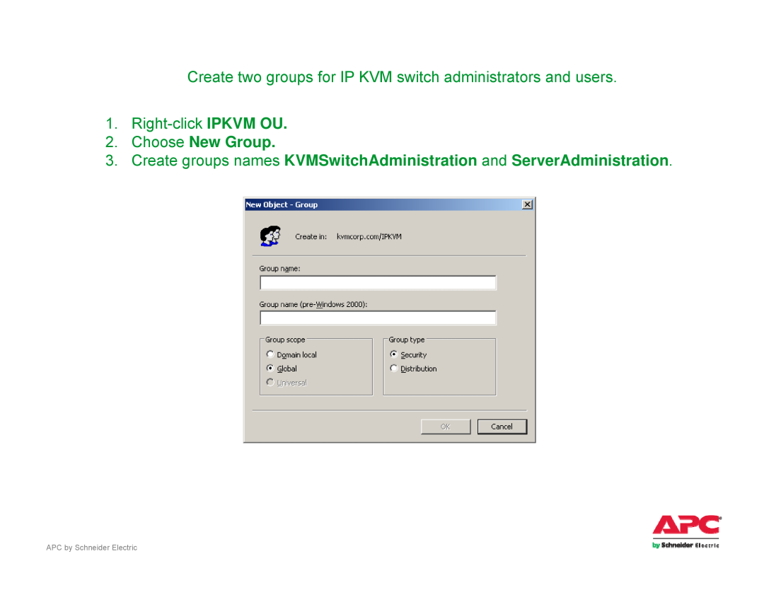 Schneider Electric AP561x manual Choose New Group, Create two groups for IP KVM switch administrators and users 