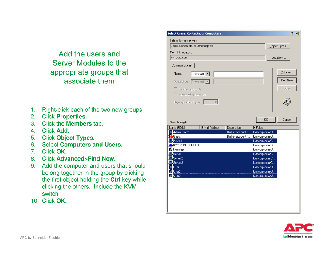 Schneider Electric AP561x manual Add the users and, Server Modules to the appropriate groups that associate them 