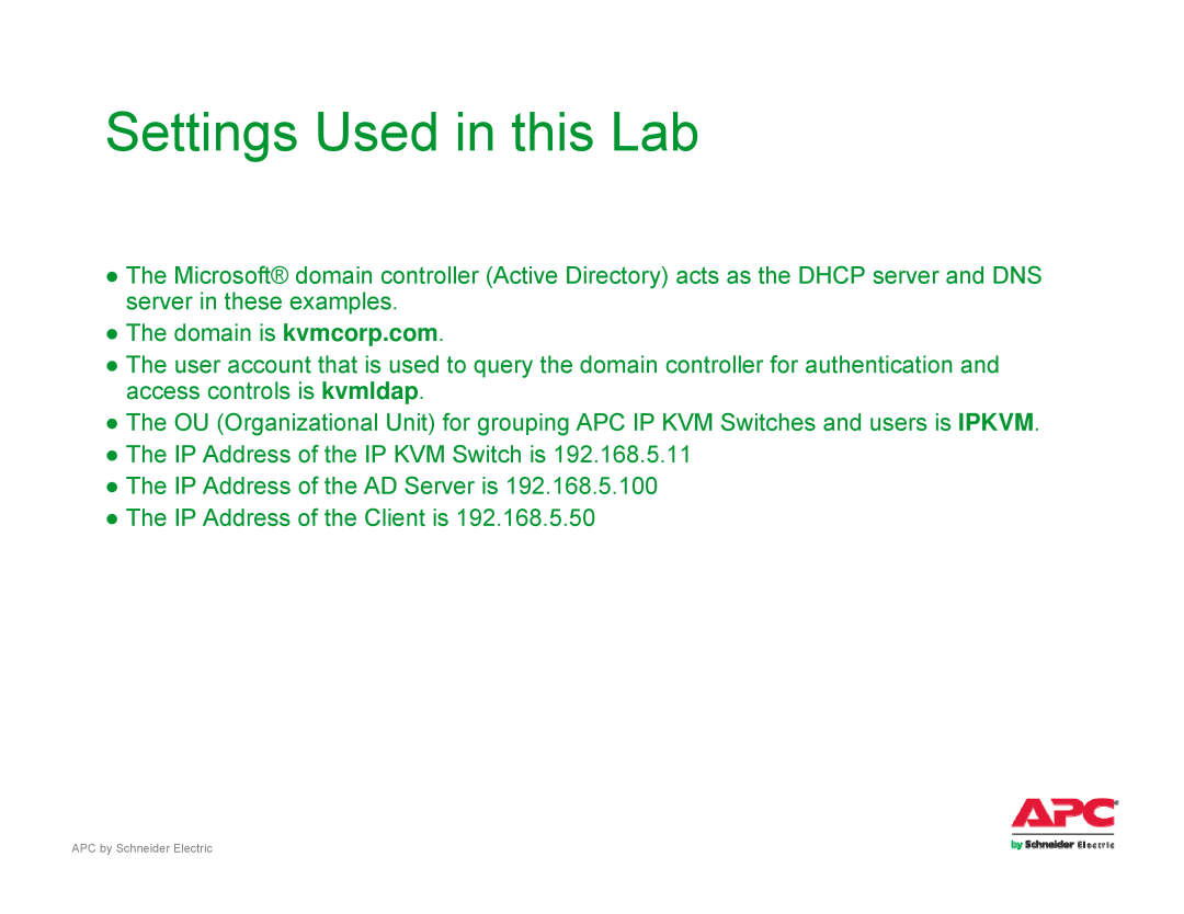 Schneider Electric AP561x manual Settings Used in this Lab 