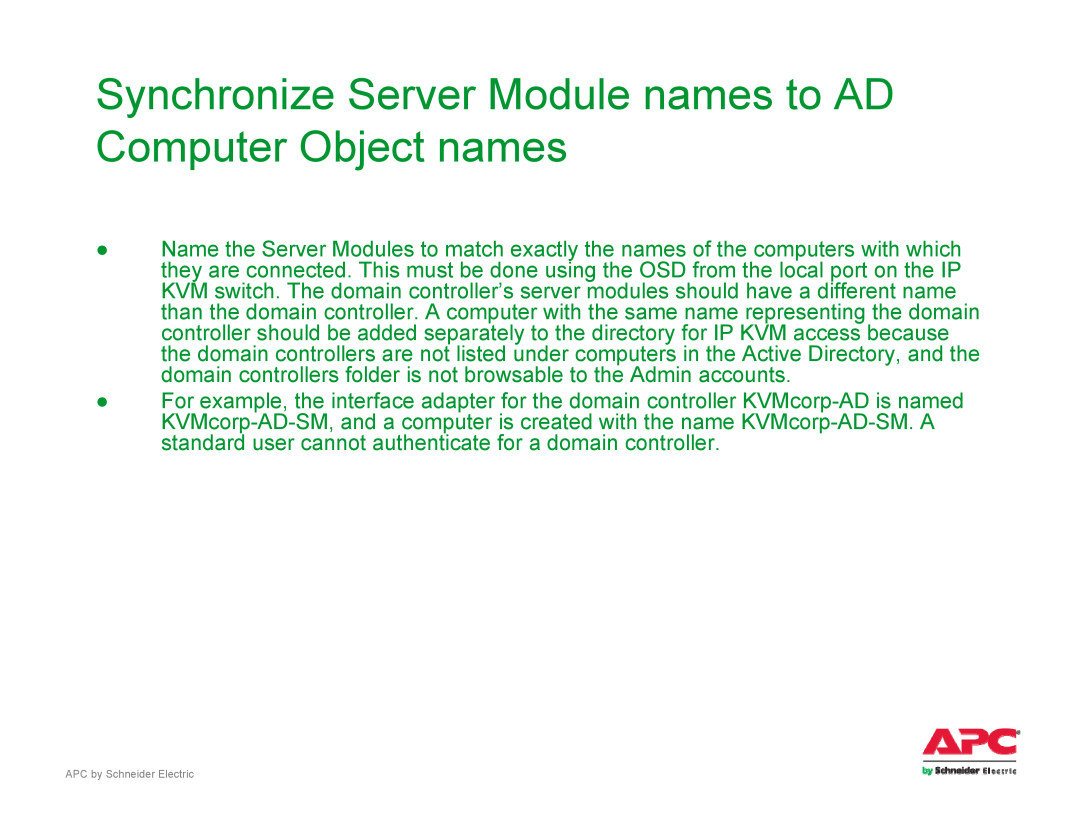 Schneider Electric AP561x manual Synchronize Server Module names to AD Computer Object names 