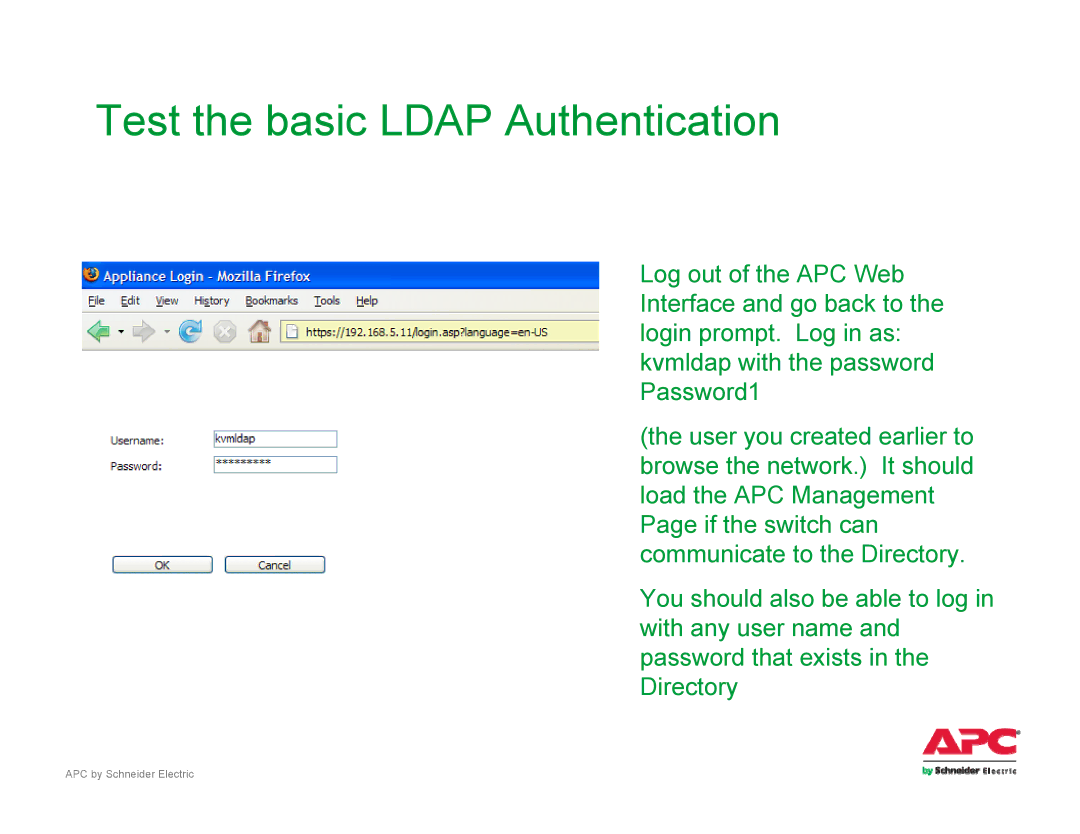 Schneider Electric AP561x manual Test the basic Ldap Authentication 