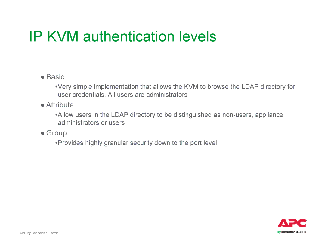 Schneider Electric AP561x manual IP KVM authentication levels, Basic 