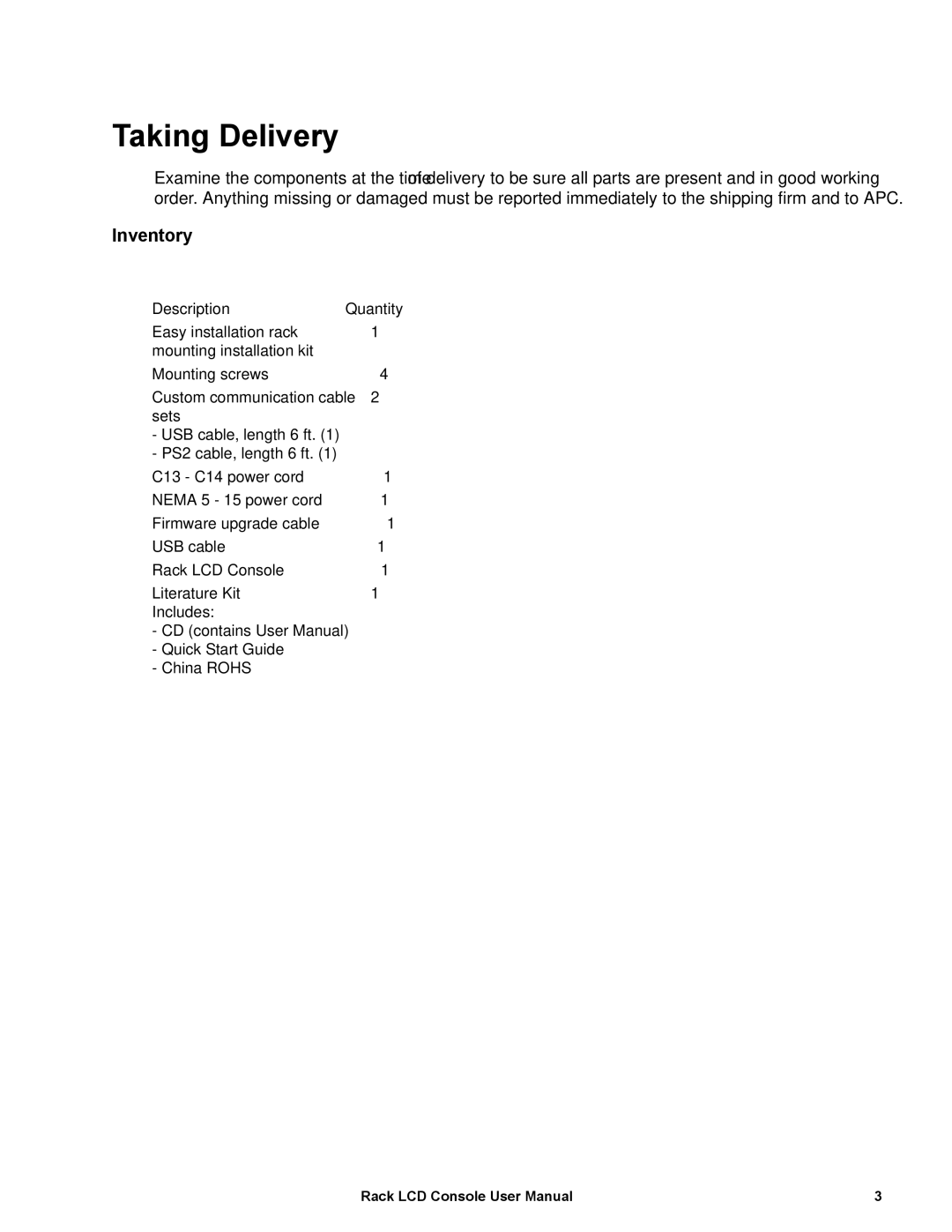 Schneider Electric AP5717R, AP5717J, AP5717UK, AP5717G, AP5719, AP5717F user manual Taking Delivery, Inventory 