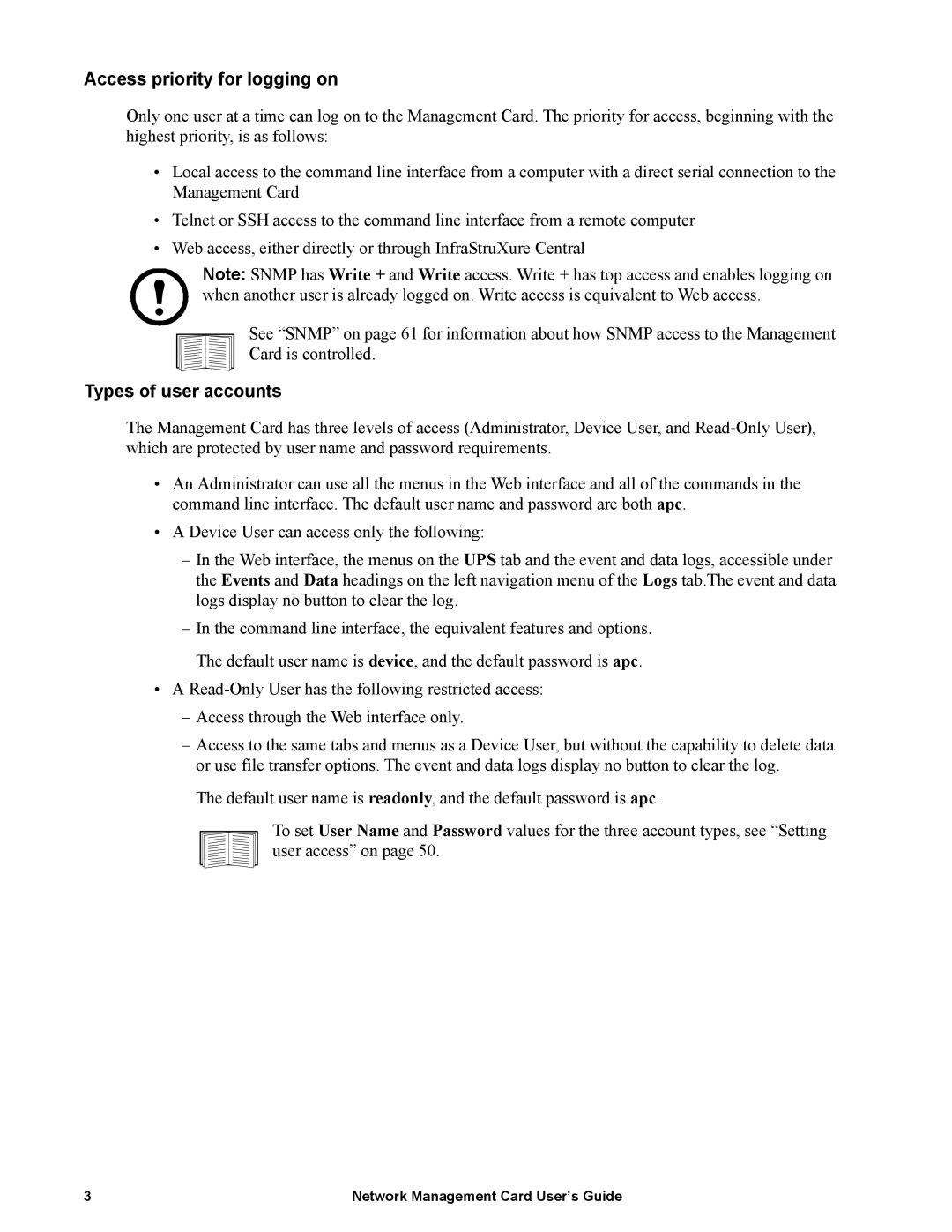 Schneider Electric AP9635 manual Access priority for logging on, Types of user accounts 