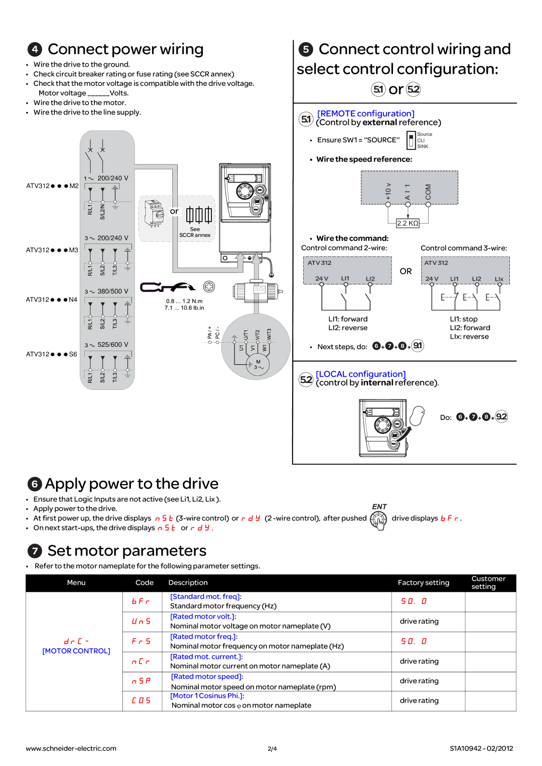 Schneider Electric ATV312 quick start Connect power wiring, Apply power to the drive, Set motor parameters 