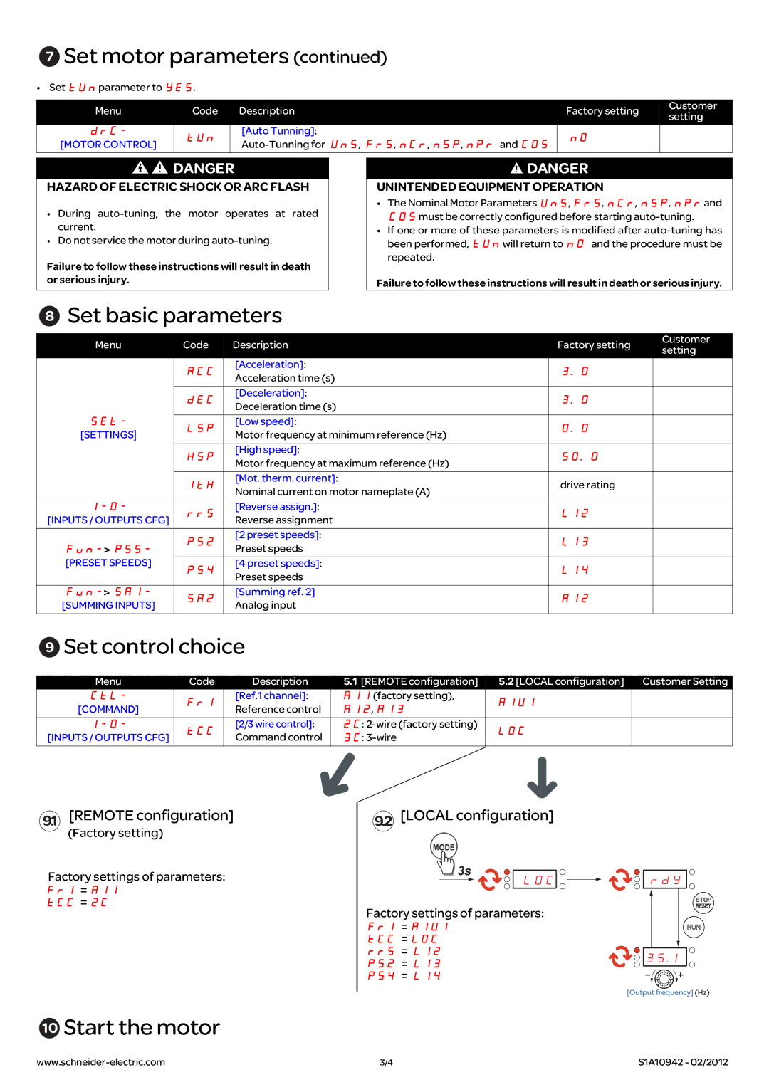 Schneider Electric ATV312 Set basic parameters, Set control choice, Start the motor, Hazard of Electric Shock or ARC Flash 