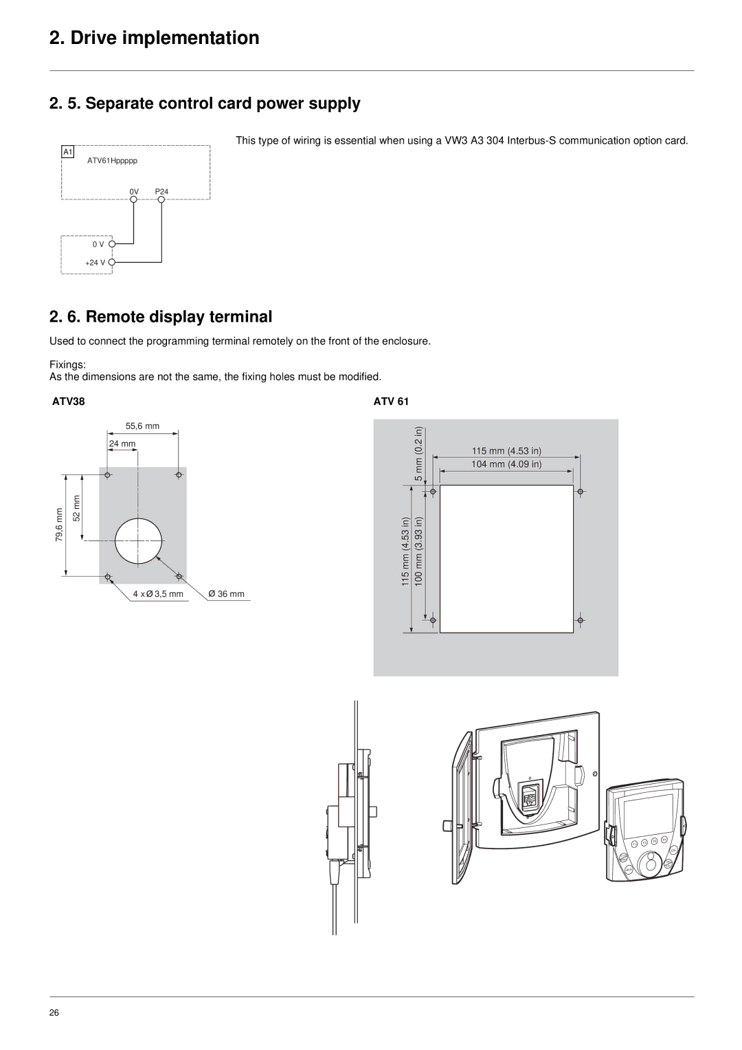 Schneider Electric ATV61 manual Separate control card power supply, Remote display terminal 