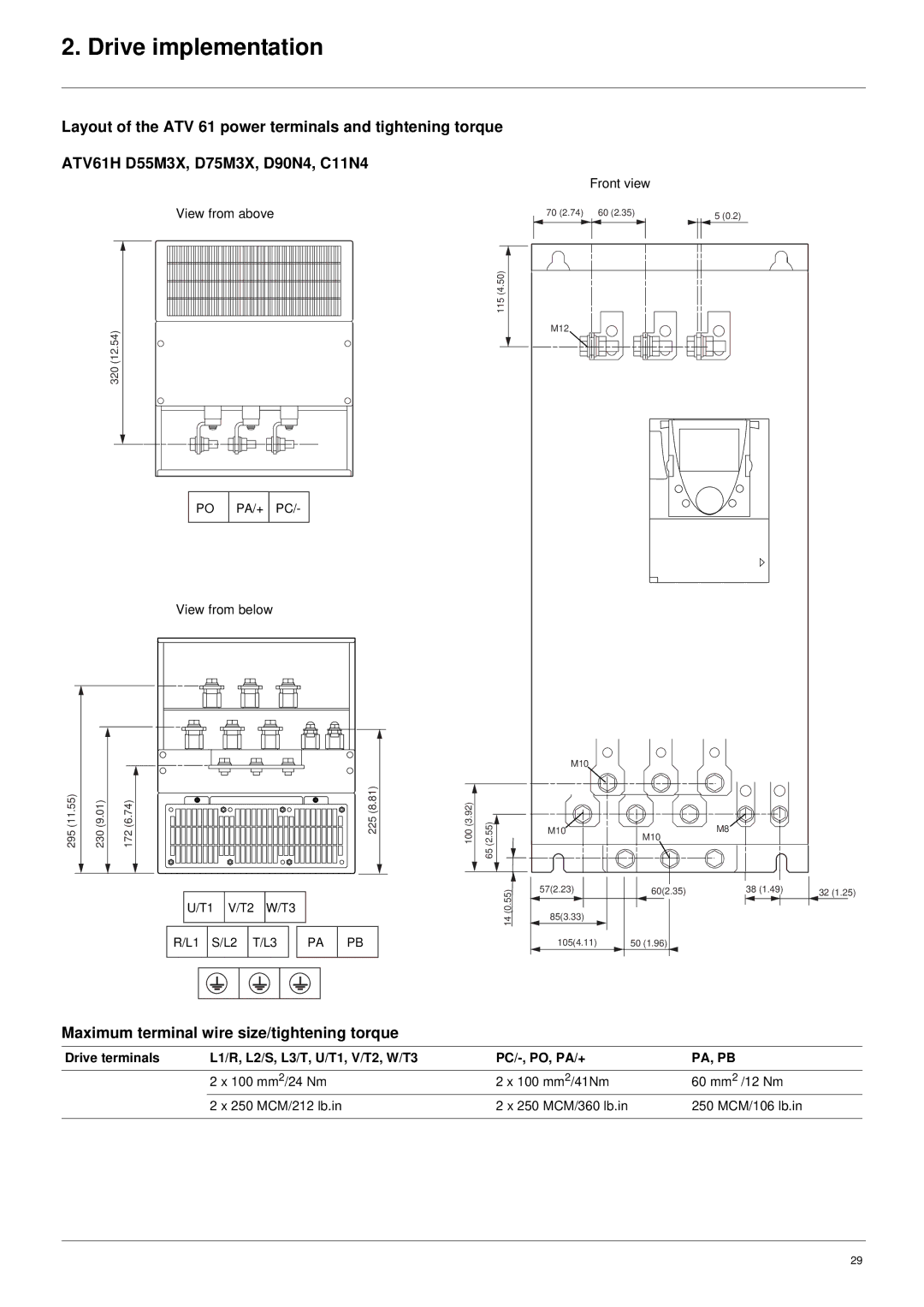 Schneider Electric ATV61 Maximum terminal wire size/tightening torque, Drive terminals L1/R, L2/S, L3/T, U/T1, V/T2, W/T3 