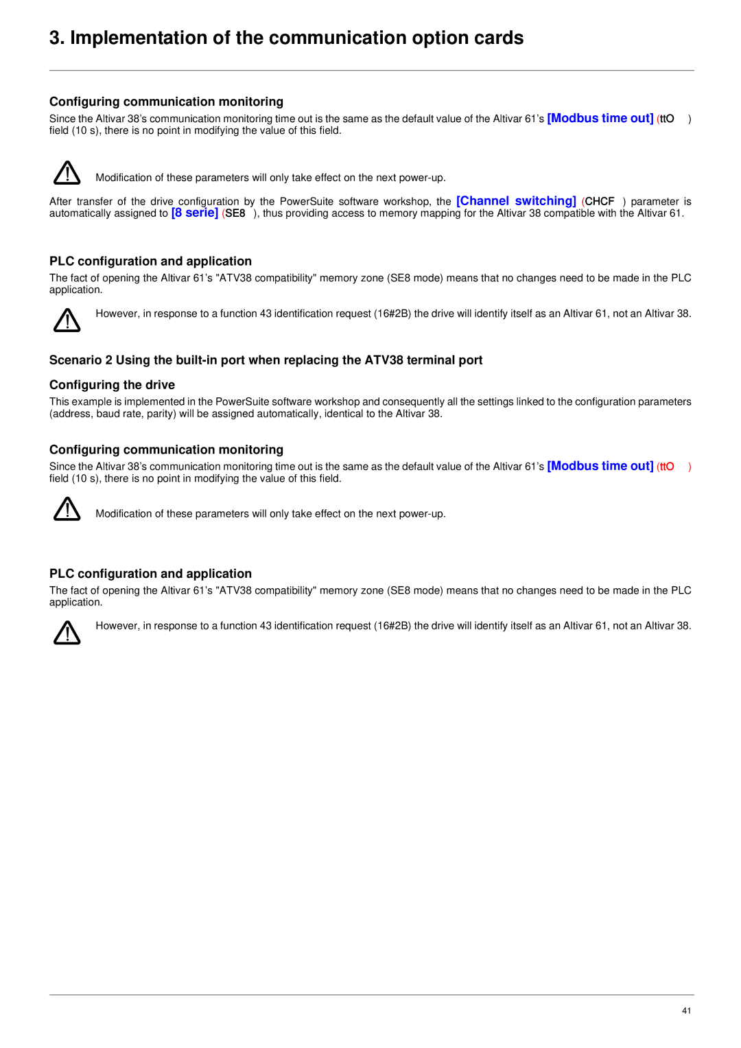 Schneider Electric ATV61 manual Configuring communication monitoring, PLC configuration and application 