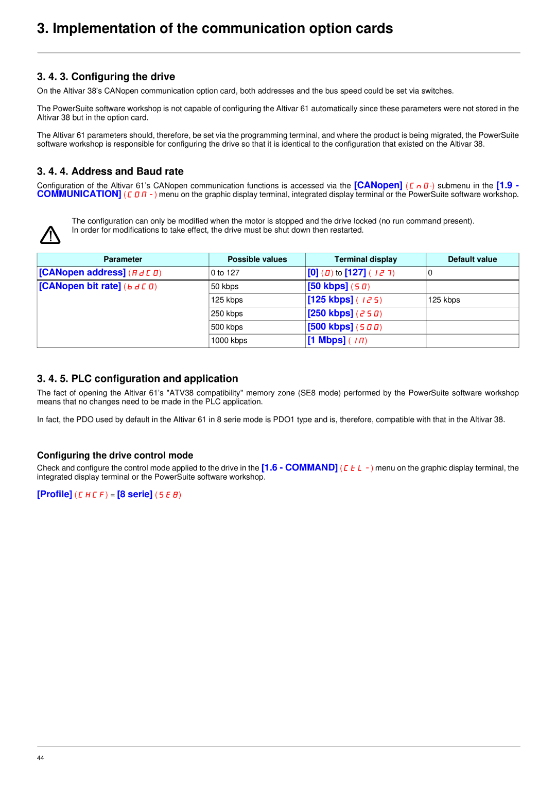 Schneider Electric ATV61 manual Configuring the drive, Address and Baud rate 