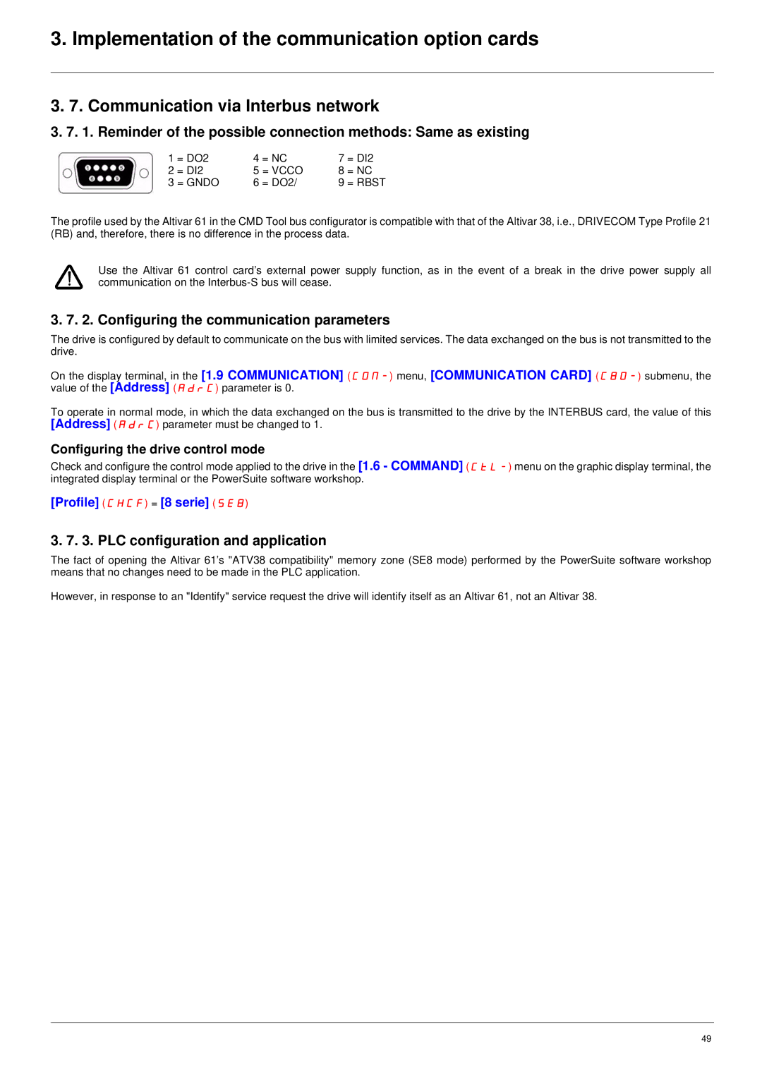 Schneider Electric ATV61 manual Communication via Interbus network, Configuring the communication parameters 