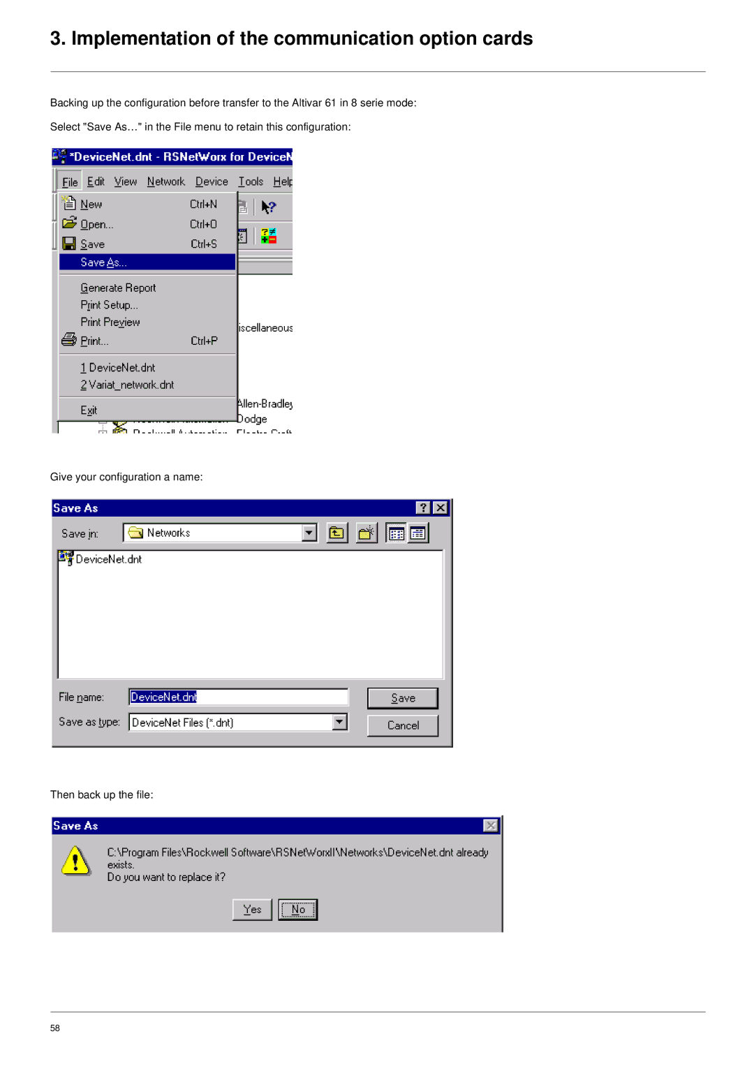 Schneider Electric ATV61 manual Implementation of the communication option cards 