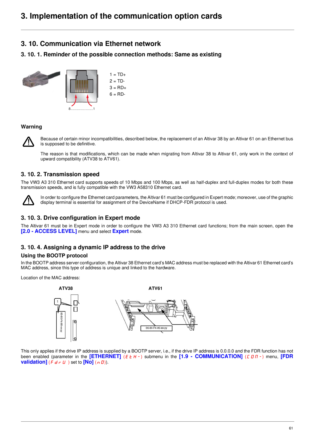 Schneider Electric ATV61 manual Communication via Ethernet network, Transmission speed, Drive configuration in Expert mode 