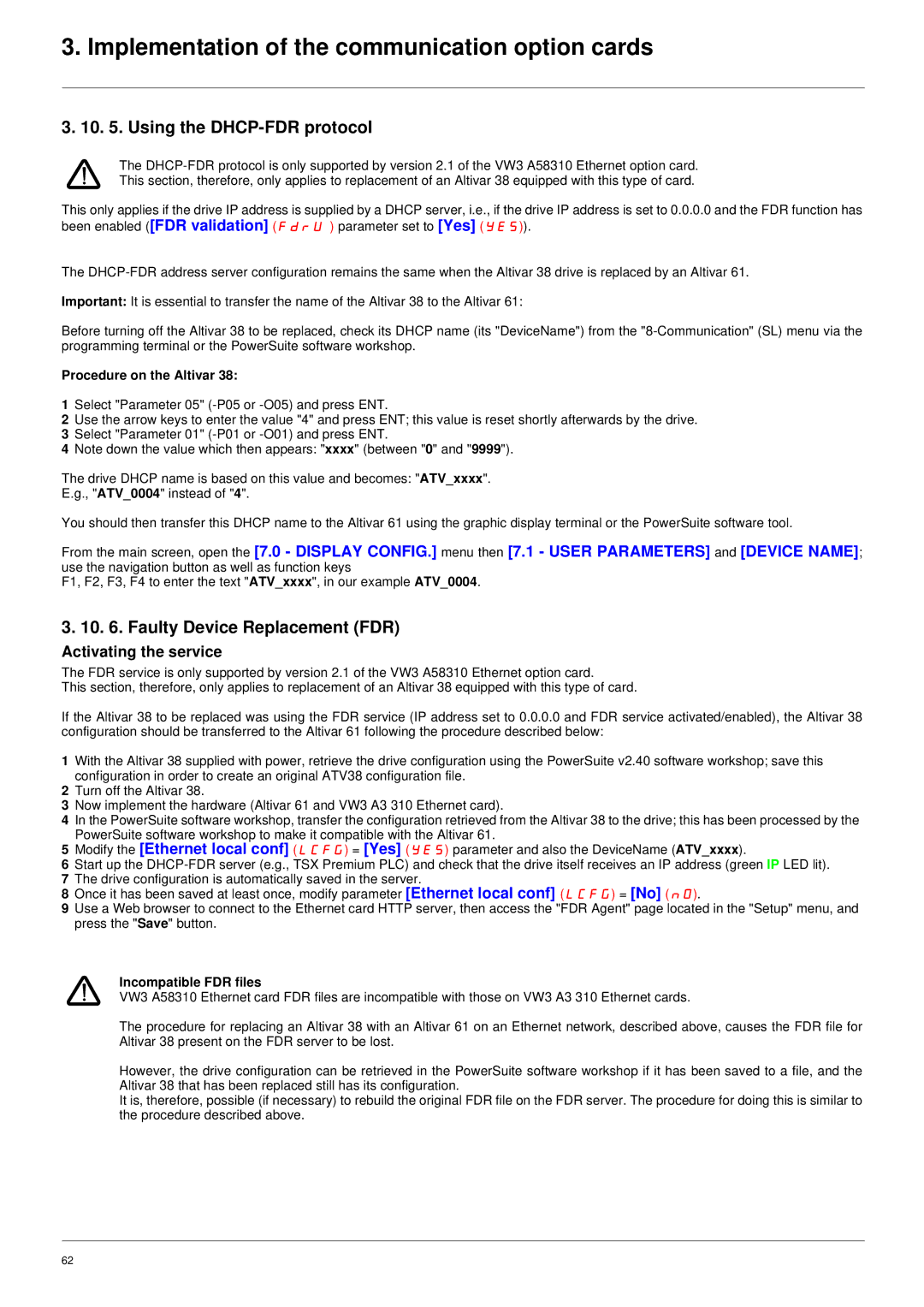 Schneider Electric ATV61 manual Using the DHCP-FDR protocol, Faulty Device Replacement FDR, Activating the service 